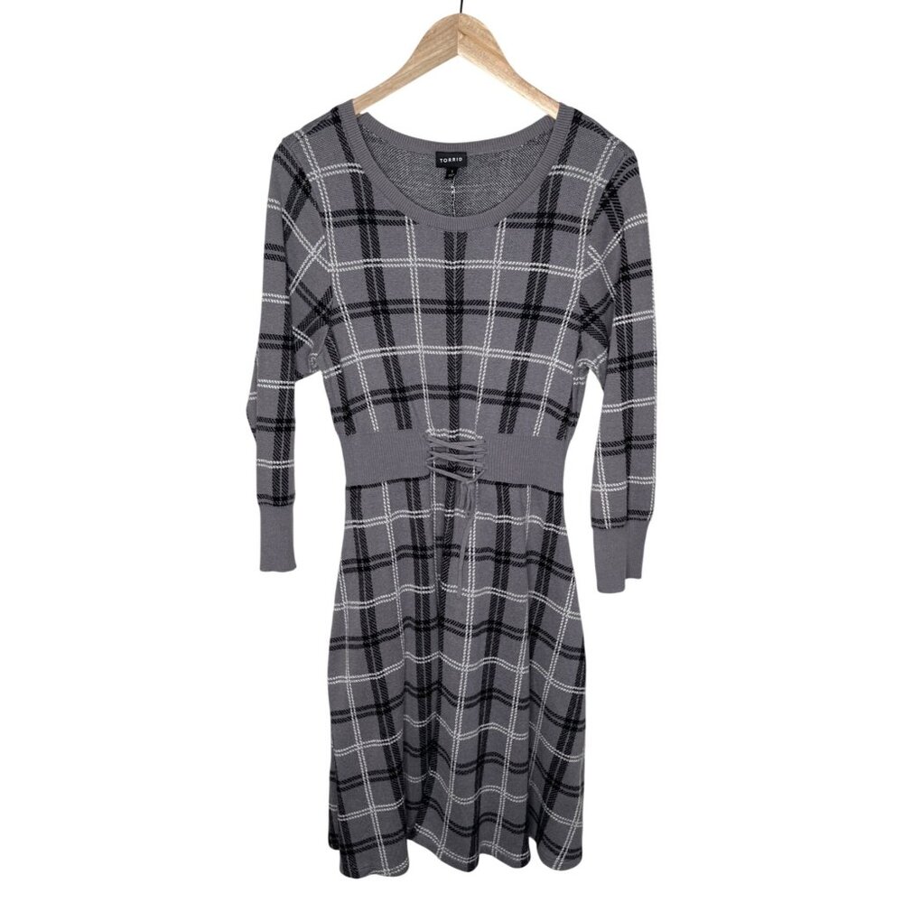 Torrid Plus Size Gray Black Plaid Knit Sweater Dress Size 1X